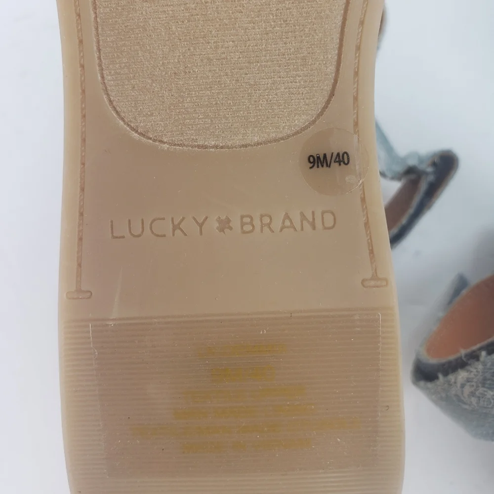 Lucky Brand Demmia wedge platform wood sandal shoe strappy printed denim new 9
